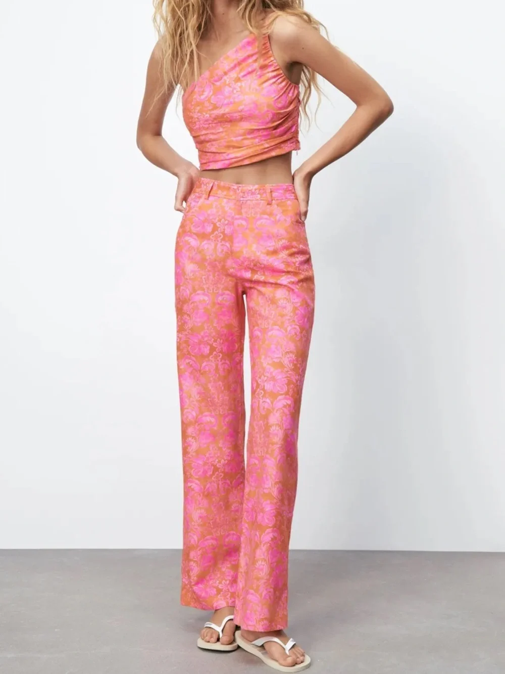 ZARA Floral Two Piece Set Size XS Orange and Pink